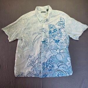 Cubavera Mens Button-Down Shirt XXL White Blue Linen Cotton